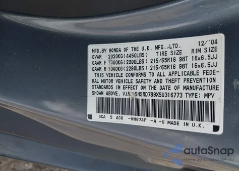 2005 Honda Cr-V Se из США, поврежденный, VIN SHSRD789X5U316773